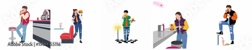 Flat vector illustrations of young people in varsity jackets enjoying burgers and fries in a retro-style American diner setting.