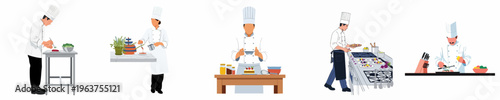 Set of professional chefs in white uniforms preparing, plating, and cooking gourmet dishes in a commercial kitchen setting, flat vector illustration.