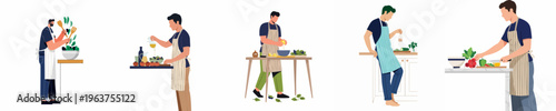 Set of diverse men wearing aprons preparing healthy salads, tossing greens, dressing vegetables, and seasoning food in flat vector illustration style.
