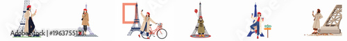Set of vector illustrations depicting a stylish woman enjoying a vacation in Paris, visiting the Eiffel Tower, taking photos, and exploring the city.