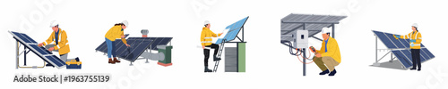 Set of flat vector illustrations depicting professional technicians installing, repairing, inspecting, and cleaning solar panels for clean renewable energy systems.