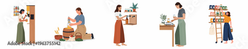Flat vector illustrations of women shopping at a zero-waste grocery store using reusable glass containers and refill stations.