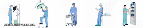 A diverse team of medical professionals in blue scrubs performing various tasks in a surgical or hospital setting, shown in flat illustration style.