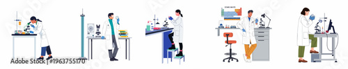 Collection of diverse scientists in white lab coats performing experiments and research in a laboratory setting flat vector illustration.