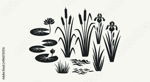 Black silhouette of aquatic plants and flowers.