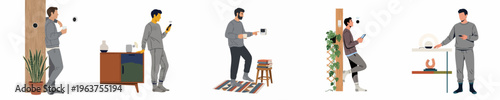 Panoramic illustration of men controlling modern smart home devices, lighting, and security systems with smartphones in various domestic settings.