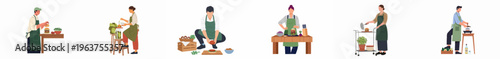 Illustration of diverse people in green aprons preparing and assembling gourmet burgers and salads in various kitchen settings.