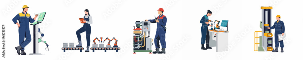 Fototapeta premium Flat vector illustration of industrial workers and engineers operating automated machinery, robots, and control systems in a modern smart factory setting.
