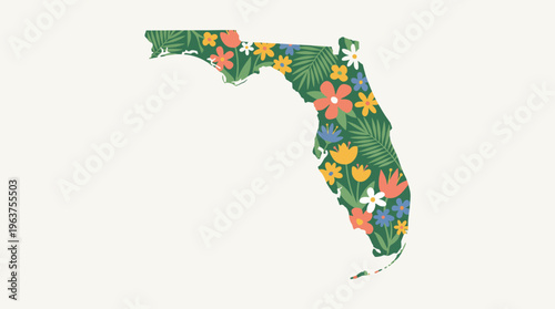 Minimalist map of Florida state filled with blooming wildflowers and tropical palm leaves