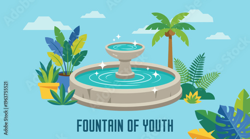 Flat design of the Fountain of Youth with tropical plants and sparkling water ripples