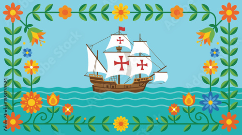 Stylized Spanish galleon ship sailing on turquoise Caribbean waters with floral frame