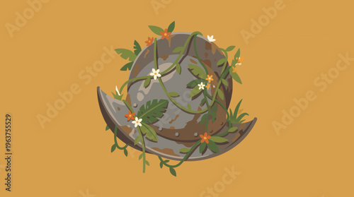 Vintage Spanish conquistador helmet decorated with orange blossoms and tropical vines