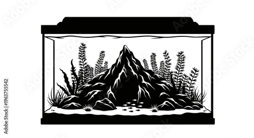 Black and white fish tank illustration.