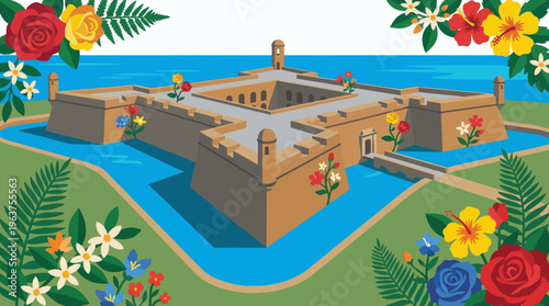 Vector illustration of the Saint Augustine Castillo de San Marcos with floral accents
