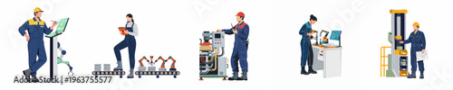 Flat vector illustration of industrial workers and engineers operating automated machinery, robots, and control systems in a modern smart factory setting.