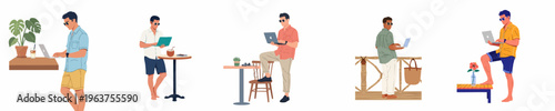 Flat vector illustration set of digital nomad men working on laptops in diverse outdoor and vacation settings, highlighting remote work lifestyle.