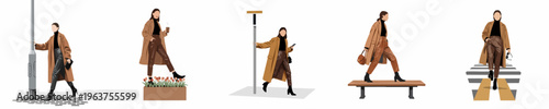 Set of Illustrations Featuring a Fashionable Woman in a Brown Trench Coat and Leather Pants Navigating Various Urban Street Scenes