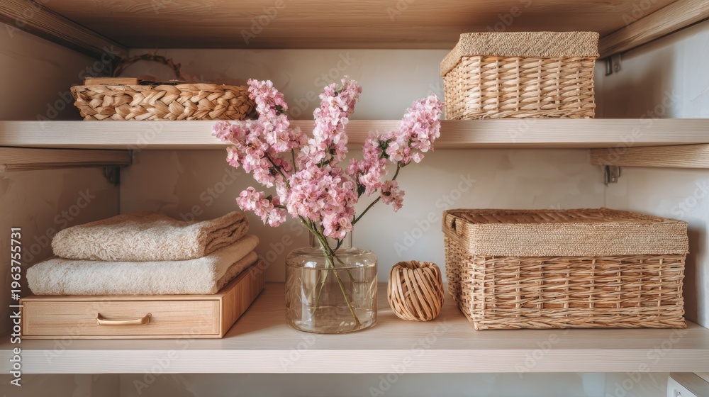 Obraz premium Spring Declutter and Organization Idea With Spring Decor and Neat Shelves Featuring Flowers and Natural Materials for a Clean and Tidy Space