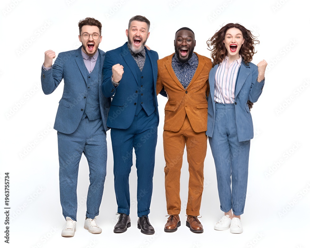 Obraz premium Diverse group of stylishly dressed young professionals celebrate a success with enthusiastic expressions and raised fists on a clean white background.