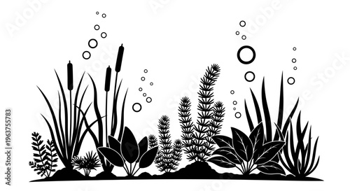 Black silhouette aquatic plants underwater scene.