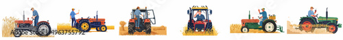 Flat vector illustration set showing various farmers operating red, orange, and green tractors in golden wheat fields during a sunny harvest season.