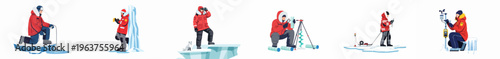 Collection of polar researchers performing scientific studies including ice core analysis, wildlife observation, and weather monitoring in a cold Arctic or Antarctic landscape.