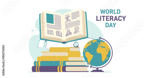 World Literacy Day educational illustration with books and globe.