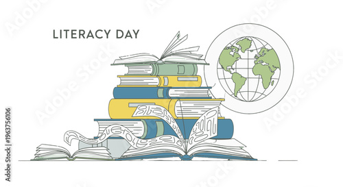 Literacy Day educational illustration with books and globe.