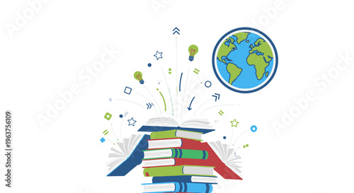 A colorful illustration of books and globe with creative symbols.