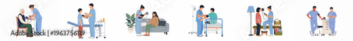 Flat illustration set of medical professionals measuring blood pressure for patients including elderly, children, and pregnant women in various healthcare and home settings.