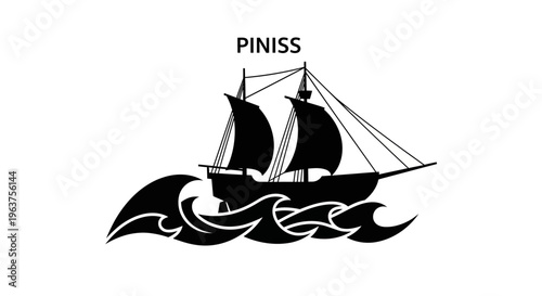 Black Sailing Ship on Waves.