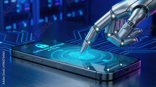 Silver robotic hand tapping a smartphone screen with a glowing cyan fingerprint interface. Data encryption active text with padlock icon. Artificial intelligence and mobile cybersecurity concept