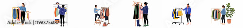 Collection of flat vector illustrations depicting a woman organizing, shopping, and selecting clothes from various garment racks in a minimalist style.
