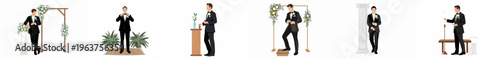 Vector illustration set featuring a faceless groom in a black tuxedo at various stages of a wedding ceremony against a white background.