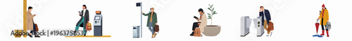 A diverse set of flat vector characters commuting, traveling, and waiting in various urban public transportation settings with modern fashion and technology.