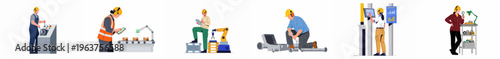 Flat vector illustrations showing diverse factory workers performing various industrial tasks like machine operation, assembly line monitoring, maintenance, and quality inspection.