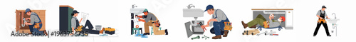 Set of professional plumbers in various poses repairing kitchen and bathroom sinks, fixing leaks, and installing pipes in flat vector style.