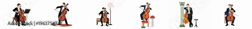 Set of flat vector illustrations featuring a male cellist in formal attire performing in different scenes with various musical props.