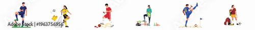 Flat vector illustrations of diverse male and female soccer players training, practicing drills, and using sports equipment for football preparation on a white background.