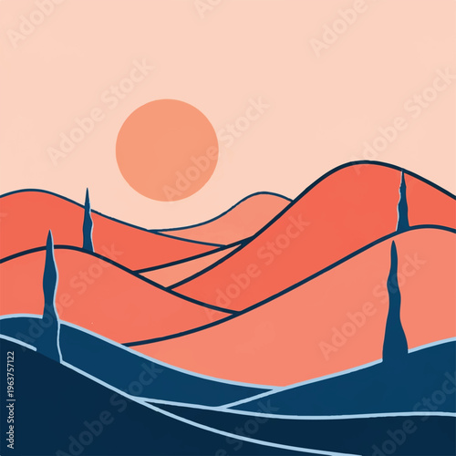 Stylized Tuscan landscape illustration with rolling hills, cypress trees, and a large setting sun in a serene coral and blue color palette. Minimalist nature art.