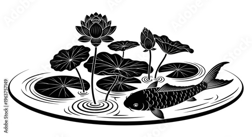 Black and white koi fish swimming.