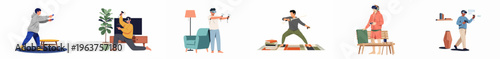 Set of flat vector illustrations featuring diverse men using virtual reality headsets and controllers in various modern home environments.