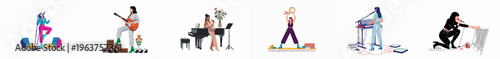 A collection of six flat-style illustrations featuring diverse female musicians and singers performing with instruments like guitar, piano, synthesizer, and tambourine.