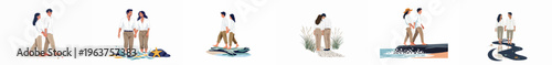 Set of flat vector illustrations depicting a young couple enjoying different romantic moments at the beach, including walking, holding hands, and splashing in water.