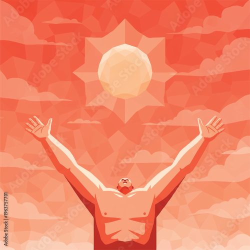 Man with arms raised to the sun, geometric low poly style, symbolizing hope, worship, and the power of nature