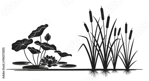 Black silhouette of cattails and water lilies.