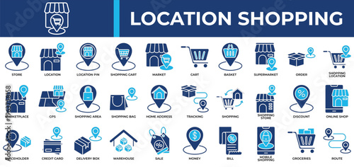 Location Shopping icon set collection. Containing find, groceries, estate, rack, fund, position, warehouse .Solid vector icons collection