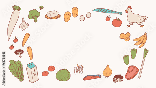 野菜、スーパー、食材などの節約やレシピなどに向けた手書きベクターフレームイラスト素材 16:9 Hand-drawn vector frame illustrations for saving money on vegetables, groceries, and other ingredients, as well as recipes.