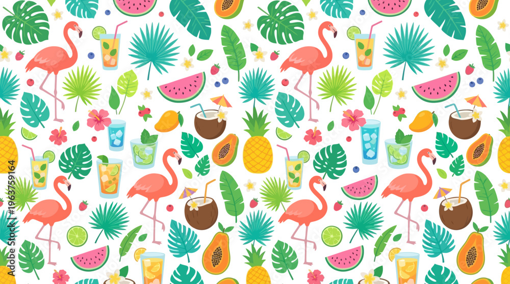 Fototapeta premium Colorful tropical flamingo pattern with pineapples and lush foliage for decorative design.