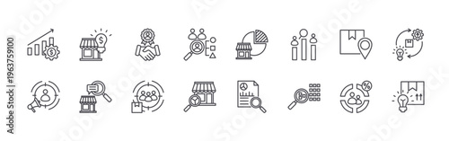 set of 16 thin line market research icons including revenue growth, target audience, market intelligence, qualitative research, customer loyalty, target market, data sample,